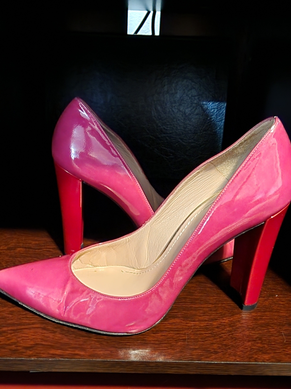 Stuart Weitzman Hot Pink Patent Pointed-Toe Pumps Block Heel Cherry Red Sz8.5